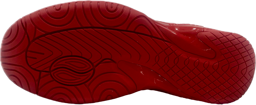Red athletic sneakers with textured sole and white lightning bolt design, displayed on white background.