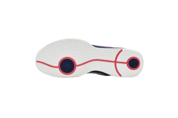 White fencing shoes with blue soles and mesh upper, sport footwear for fencing