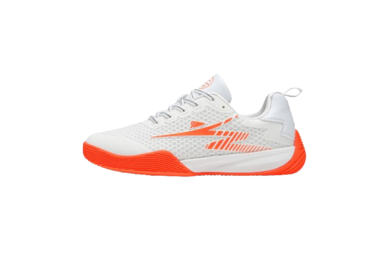 White fencing shoes with orange soles and mesh upper, sport footwear for fencing