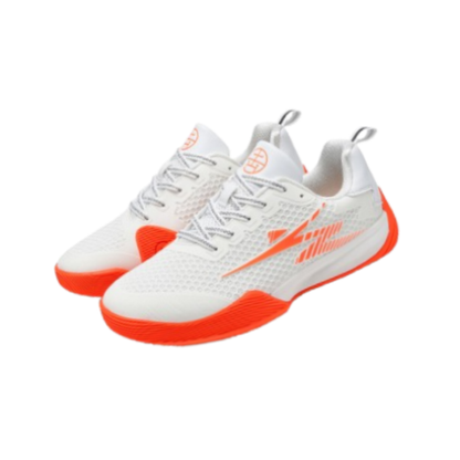 White fencing shoes with orange soles and mesh upper, sport footwear for fencing