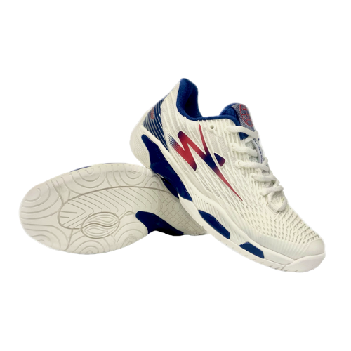 White fencing shoes with blue accents and red lightning design, non-slip sole, athletic footwear