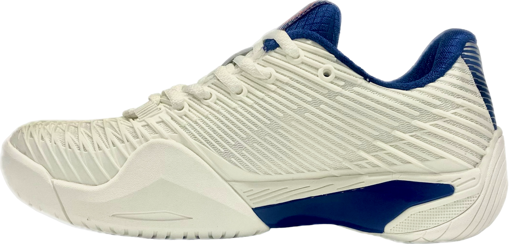 White fencing shoes with blue accents and red lightning design, non-slip sole, athletic footwear
