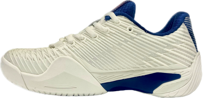 White fencing shoes with blue accents and red lightning design, non-slip sole, athletic footwear
