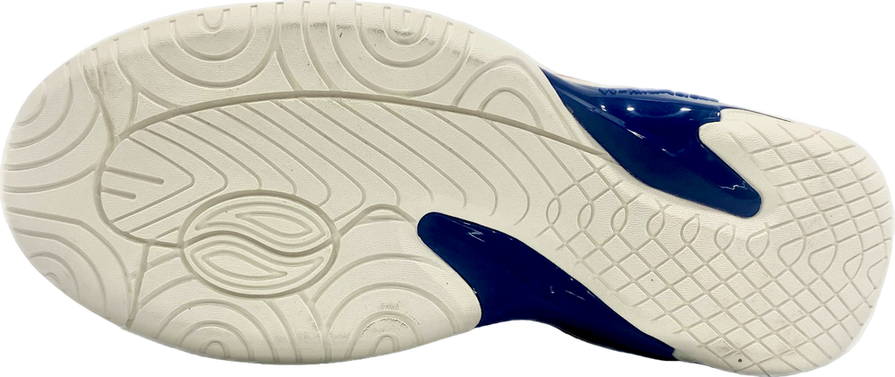 White fencing shoes with blue accents and red lightning design, non-slip sole, athletic footwear