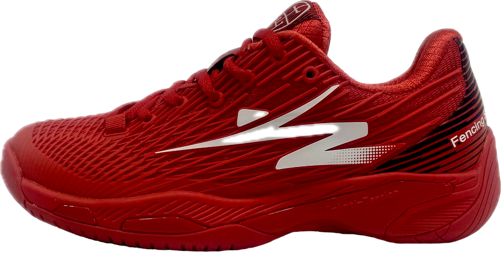 Red athletic sneakers with textured sole and white lightning bolt design, displayed on white background.