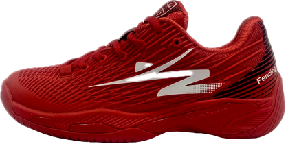 Red athletic sneakers with textured sole and white lightning bolt design, displayed on white background.
