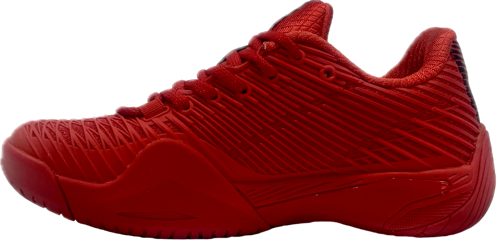 Red athletic sneakers with textured sole and white lightning bolt design, displayed on white background.