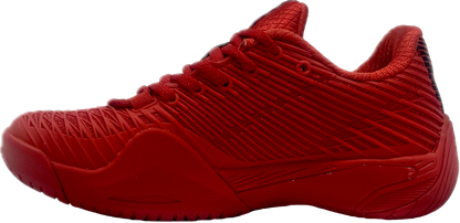 Red athletic sneakers with textured sole and white lightning bolt design, displayed on white background.
