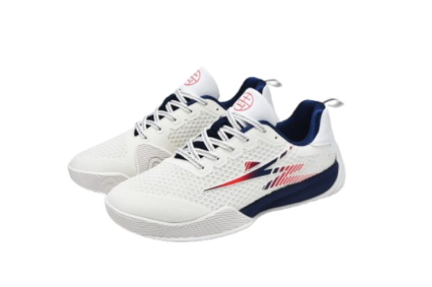 White fencing shoes with blue soles and mesh upper, sport footwear for fencing