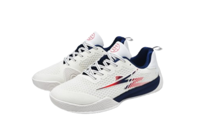 White fencing shoes with blue soles and mesh upper, sport footwear for fencing