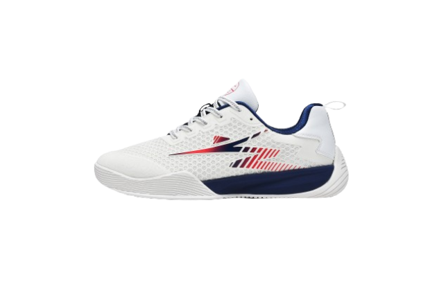 White fencing shoes with blue soles and mesh upper, sport footwear for fencing