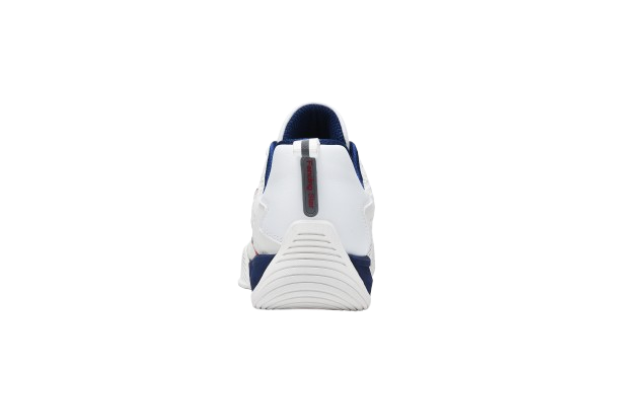 White fencing shoes with blue soles and mesh upper, sport footwear for fencing