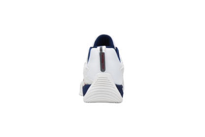 White fencing shoes with blue soles and mesh upper, sport footwear for fencing