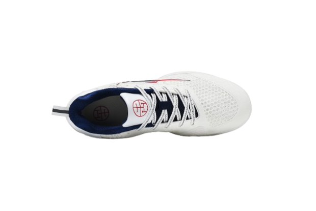 White fencing shoes with blue soles and mesh upper, sport footwear for fencing