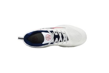 White fencing shoes with blue soles and mesh upper, sport footwear for fencing