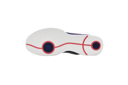 White fencing shoes with blue soles and mesh upper, sport footwear for fencing