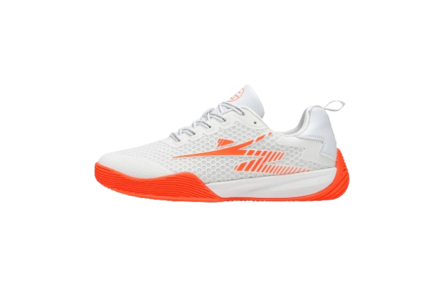 White fencing shoes with orange soles and mesh upper, sport footwear for fencing