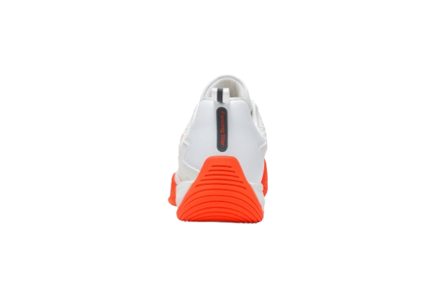 White fencing shoes with orange soles and mesh upper, sport footwear for fencing