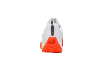 White fencing shoes with orange soles and mesh upper, sport footwear for fencing