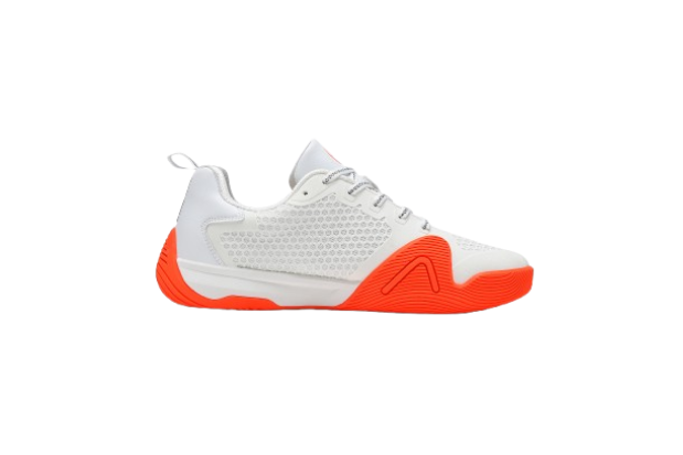 White fencing shoes with orange soles and mesh upper, sport footwear for fencing