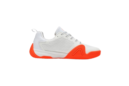 White fencing shoes with orange soles and mesh upper, sport footwear for fencing