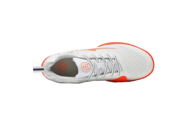 White fencing shoes with orange soles and mesh upper, sport footwear for fencing