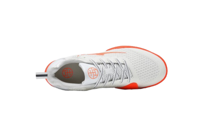 White fencing shoes with orange soles and mesh upper, sport footwear for fencing