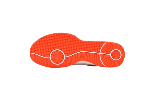 White fencing shoes with orange soles and mesh upper, sport footwear for fencing
