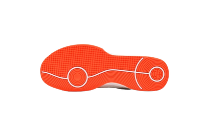 White fencing shoes with orange soles and mesh upper, sport footwear for fencing