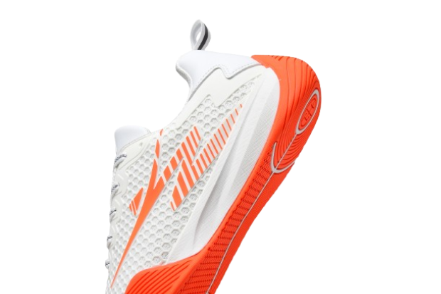 White fencing shoes with orange soles and mesh upper, sport footwear for fencing