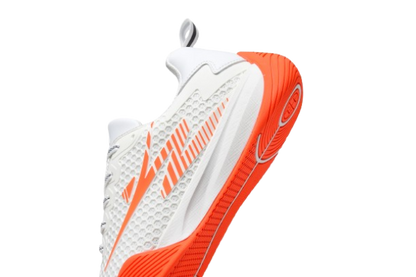 White fencing shoes with orange soles and mesh upper, sport footwear for fencing